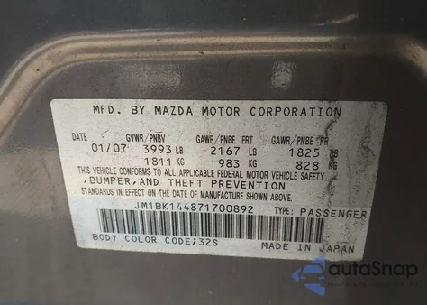 2007 Mazda Mazda3 S Sport из США, поврежденный, VIN JM1BK144871700892